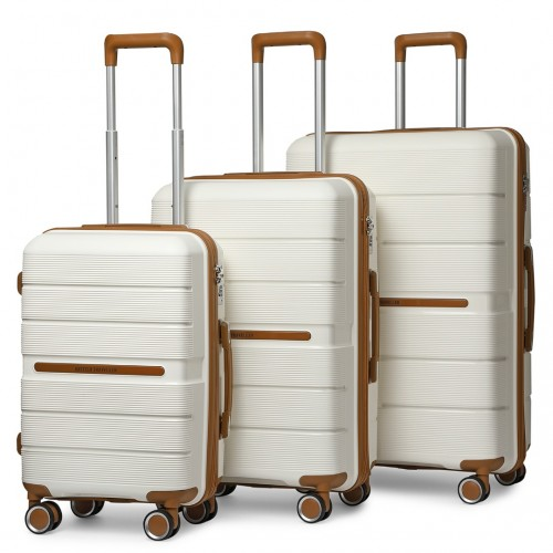 British Traveller 3 Pcs Multi-Texture Polypropylene Hard Shell Suitcase With TSA Lock - Cream - BEYRUN