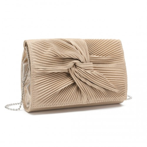 Miss Lulu Women's Light Gold Pleated Bow Evening Bag Clutch Handbag - Perfect for Parties & Special Occasions - BEYRUN