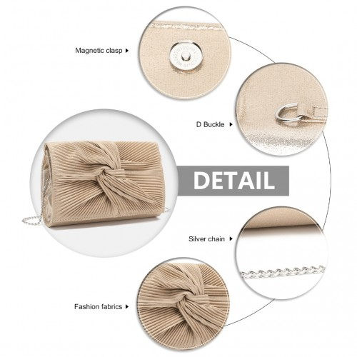 Miss Lulu Women's Light Gold Pleated Bow Evening Bag Clutch Handbag - Perfect for Parties & Special Occasions - BEYRUN