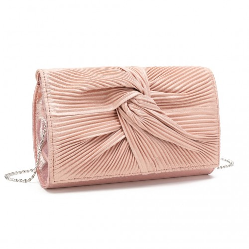 Miss Lulu Women's Elegant Pink Pleated Bow Evening Clutch Handbag with Detachable Chain Strap - BEYRUN