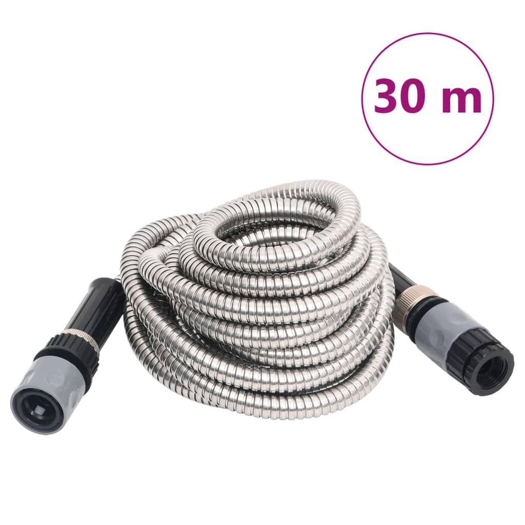 vidaXL 30m Stainless Steel Garden Hose with 8-Function Spray Nozzle - Durable & Kink Resistant - BEYRUN