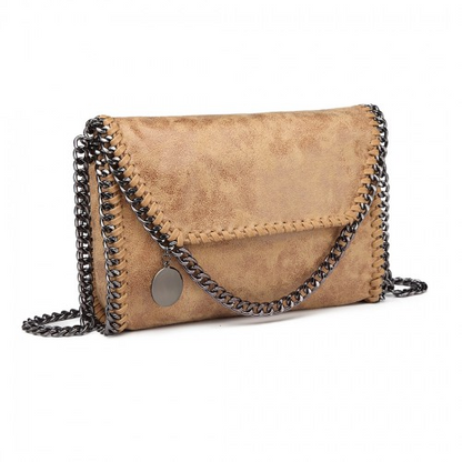 Miss Lulu Distressed Metallic PU Leather Chain Fold-over Shoulder Bag in Apricot – Stylish & Spacious - BEYRUN