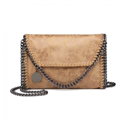 Miss Lulu Distressed Metallic PU Leather Chain Fold-over Shoulder Bag in Apricot – Stylish & Spacious - BEYRUN