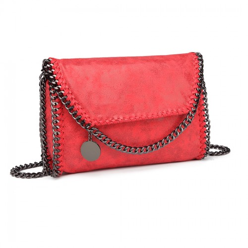 Miss Lulu Red Leather Look Chain Fold-over Shoulder Bag - Stylish & Edgy Women's Handbag - BEYRUN