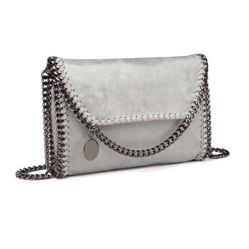 Miss Lulu Leather Look Chain Fold-over Shoulder Bag - Grey | Stylish & Edgy Handbag - BEYRUN