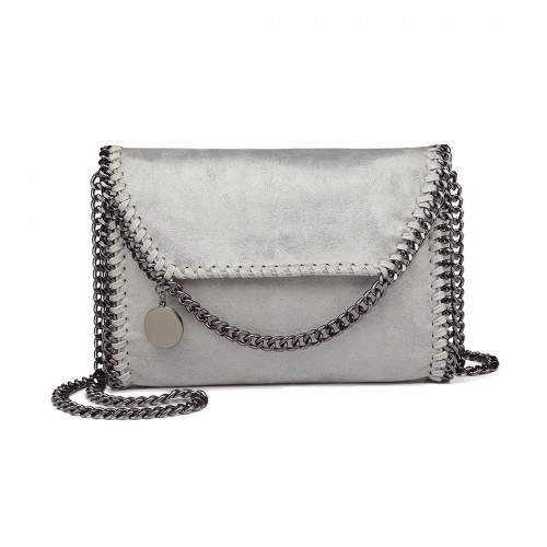 Miss Lulu Leather Look Chain Fold-over Shoulder Bag - Grey | Stylish & Edgy Handbag - BEYRUN