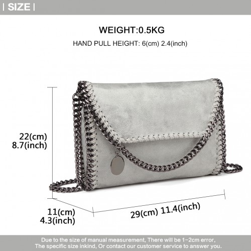 Miss Lulu Leather Look Chain Fold-over Shoulder Bag - Grey | Stylish & Edgy Handbag - BEYRUN