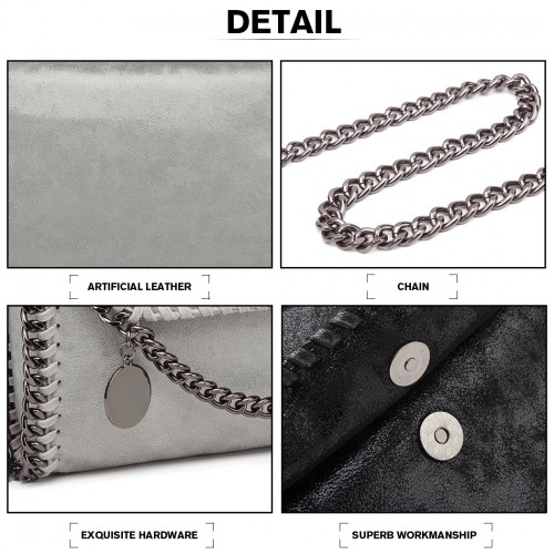 Miss Lulu Leather Look Chain Fold-over Shoulder Bag - Grey | Stylish & Edgy Handbag - BEYRUN