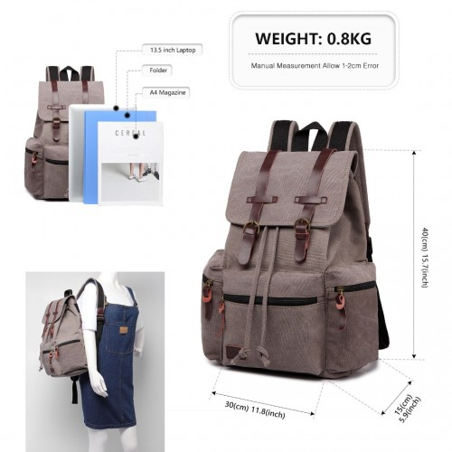 E1672 - Kono Large Multi Function Leather Details Canvas Backpack - Grey - BEYRUN