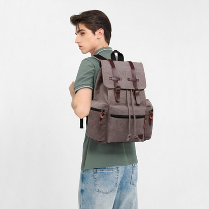 E1672 - Kono Large Multi Function Leather Details Canvas Backpack - Grey - BEYRUN