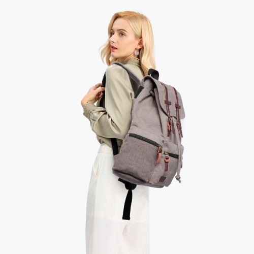 E1672 - Kono Large Multi Function Leather Details Canvas Backpack - Grey - BEYRUN