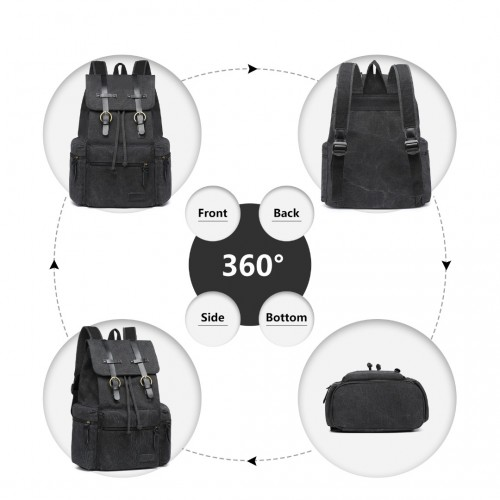 E1672 - Kono Large Multi Function Leather Details Canvas Backpack - Black - BEYRUN