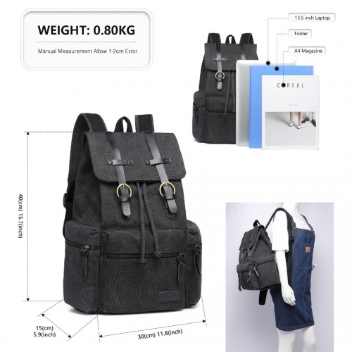 E1672 - Kono Large Multi Function Leather Details Canvas Backpack - Black - BEYRUN