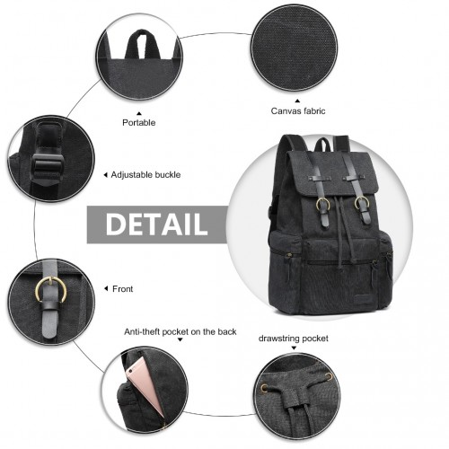 E1672 - Kono Large Multi Function Leather Details Canvas Backpack - Black - BEYRUN