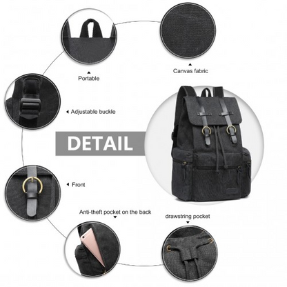 E1672 - Kono Large Multi Function Leather Details Canvas Backpack - Black - BEYRUN