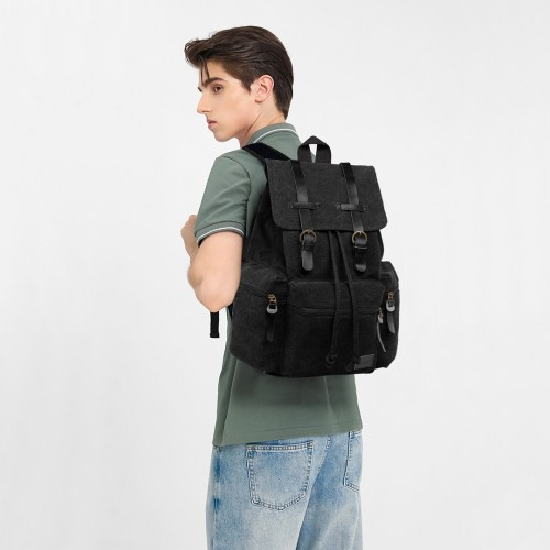 E1672 - Kono Large Multi Function Leather Details Canvas Backpack - Black - BEYRUN