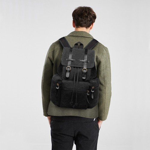 E1672 - Kono Large Multi Function Leather Details Canvas Backpack - Black - BEYRUN