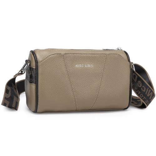 Miss Lulu Simple & Elegant Wide Strap Genuine Leather Crossbody Bag - Khaki - BEYRUN