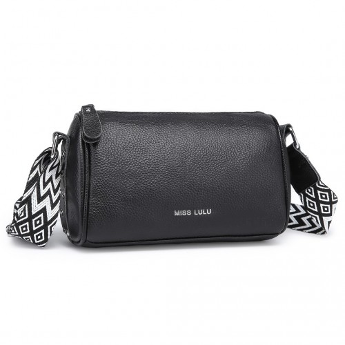 Miss Lulu Lightweight Genuine Leather Crossbody Bag - Elegant Wide Strap Design, Black - BEYRUN