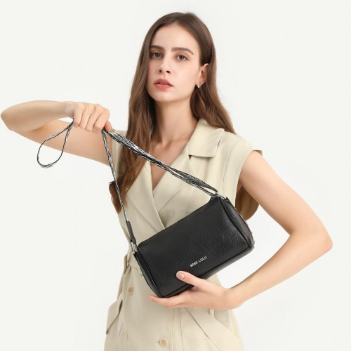 Miss Lulu Lightweight Genuine Leather Crossbody Bag - Elegant Wide Strap Design, Black - BEYRUN