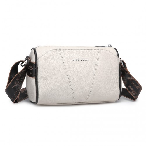 Miss Lulu Genuine Leather Crossbody Bag - Elegant Wide Strap Crossbody in Beige for Daily & Special Use - BEYRUN