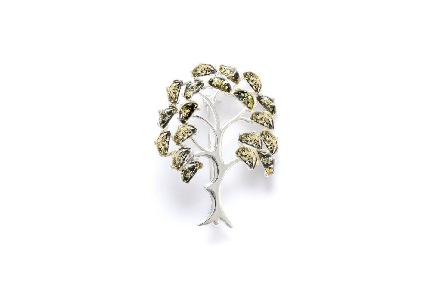 Green Amber Tree of Life Brooch - Sterling Silver with Baltic Amber Gemstones - BEYRUN