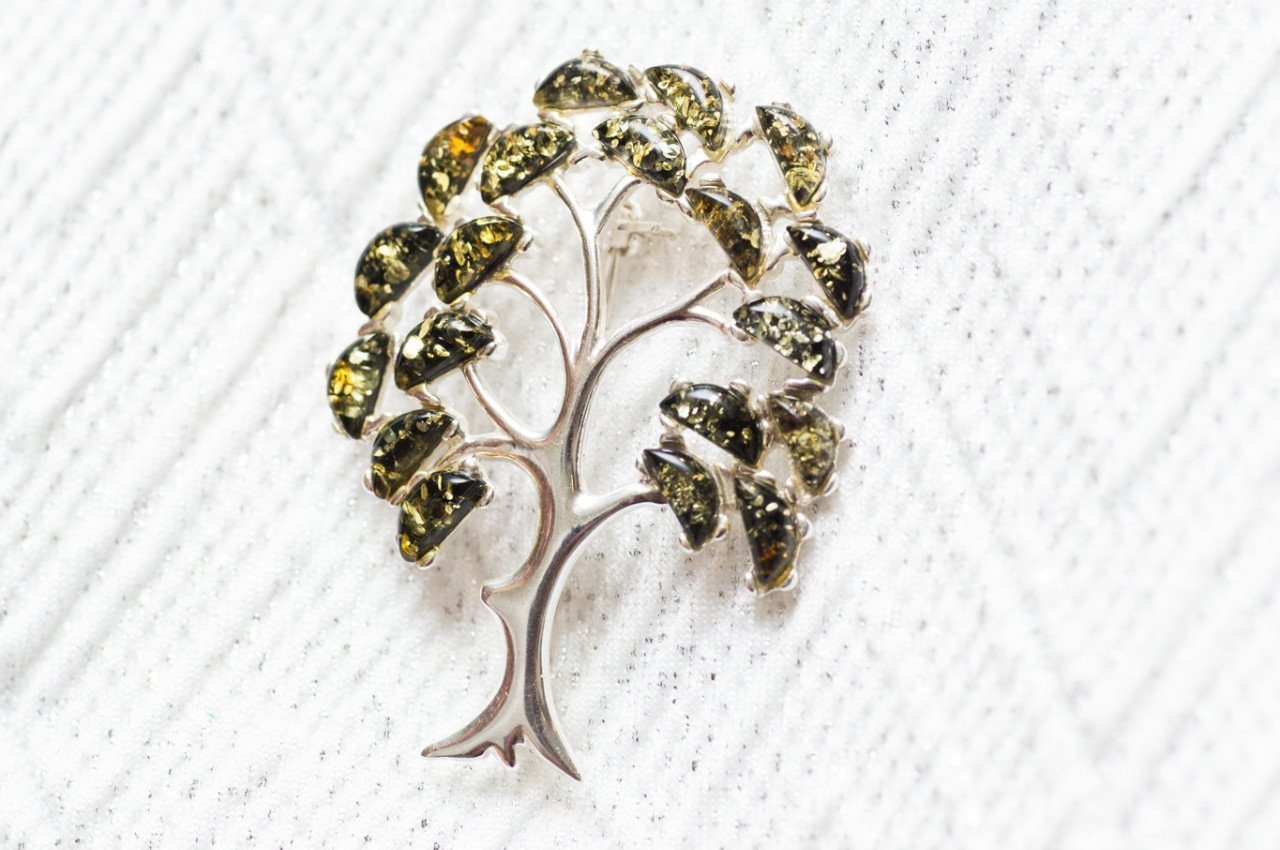 Green Amber Tree of Life Brooch - Sterling Silver with Baltic Amber Gemstones - BEYRUN