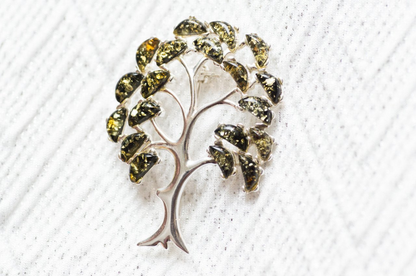 Green Amber Tree of Life Brooch - Sterling Silver with Baltic Amber Gemstones - BEYRUN