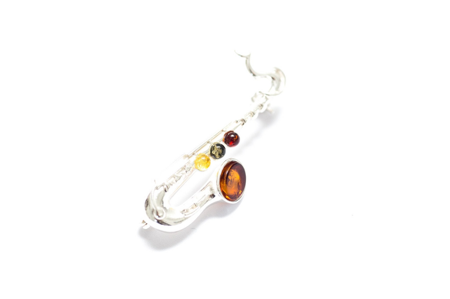 Elegant Multi Amber Saxophone Brooch | Sterling Silver & Baltic Amber - Perfect for Music Lovers