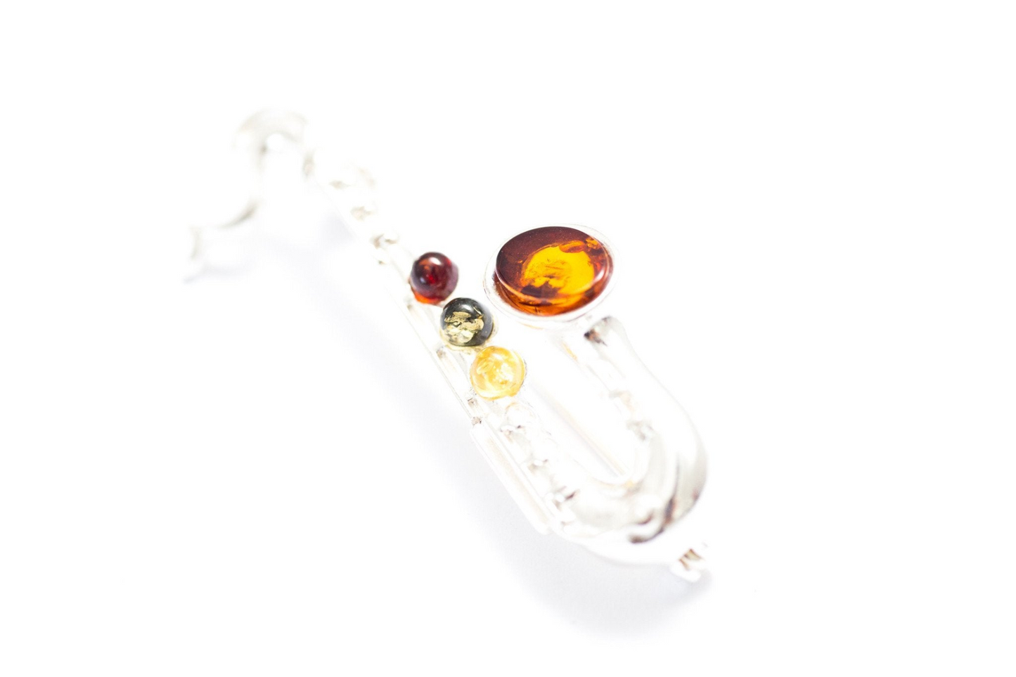 Elegant Multi Amber Saxophone Brooch | Sterling Silver & Baltic Amber - Perfect for Music Lovers