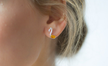 Amber Music Note Stud Earrings - Sterling Silver & Baltic Amber - BEYRUN