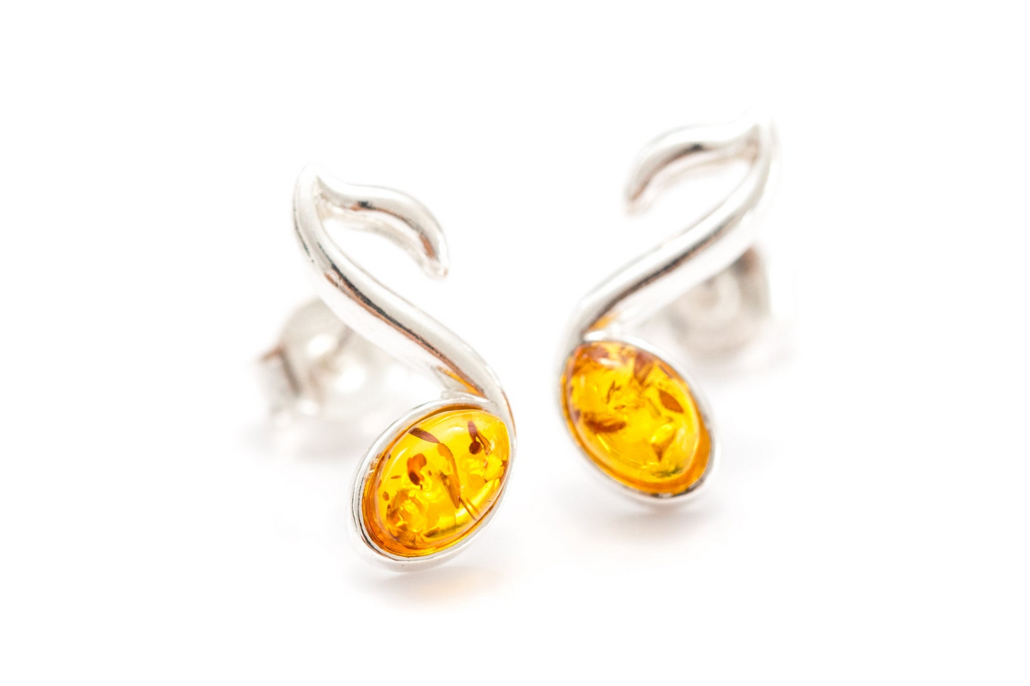 Amber Music Note Stud Earrings - Sterling Silver & Baltic Amber - BEYRUN