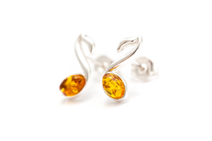 Amber Music Note Stud Earrings - Sterling Silver & Baltic Amber - BEYRUN