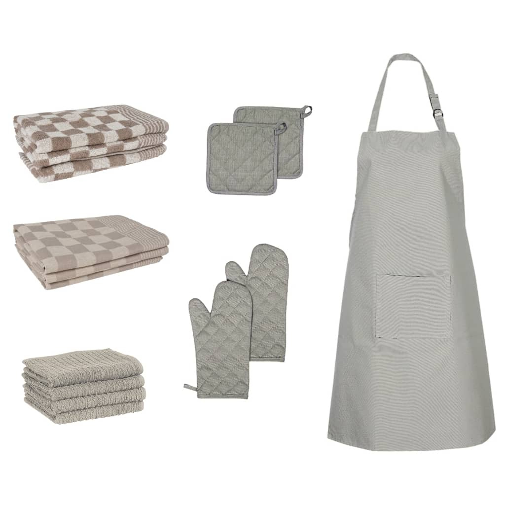 vidaXL 15 Piece Grey Cotton Kitchen Essentials Towel Set with Oven Gloves & Pot Holders - BEYRUN