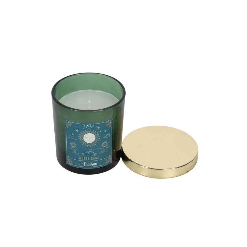 The Sun White Sage Tarot Candle - Elegant Green Glass Jar with Gold Lid, 25-Hour Burn Time, Mystical Scented Candle - BEYRUN