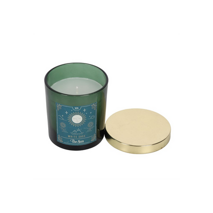 The Sun White Sage Tarot Candle - Elegant Green Glass Jar with Gold Lid, 25-Hour Burn Time, Mystical Scented Candle - BEYRUN