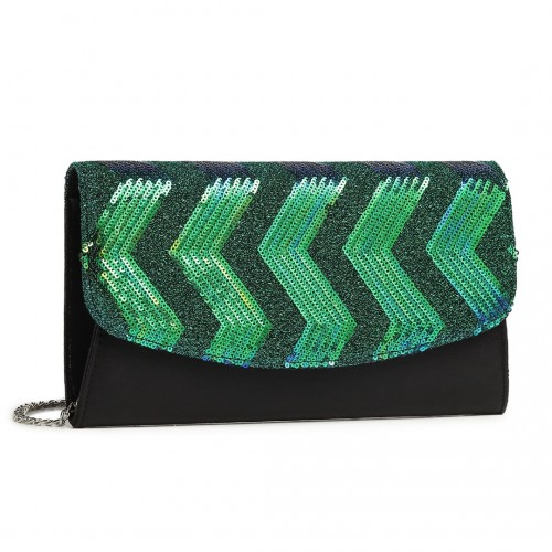 Miss Lulu Gorgeous Sequins Evening Clutch Bag - Black and Green - Chain Shoulder Bag - BEYRUN