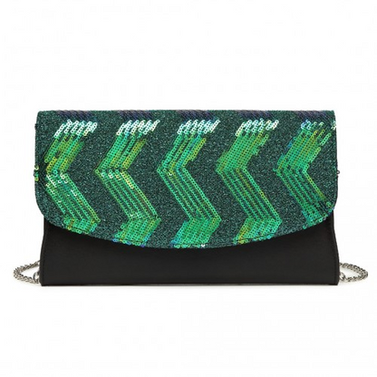 Miss Lulu Gorgeous Sequins Evening Clutch Bag - Black and Green - Chain Shoulder Bag - BEYRUN