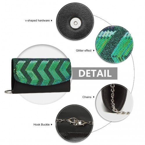 Miss Lulu Gorgeous Sequins Evening Clutch Bag - Black and Green - Chain Shoulder Bag - BEYRUN