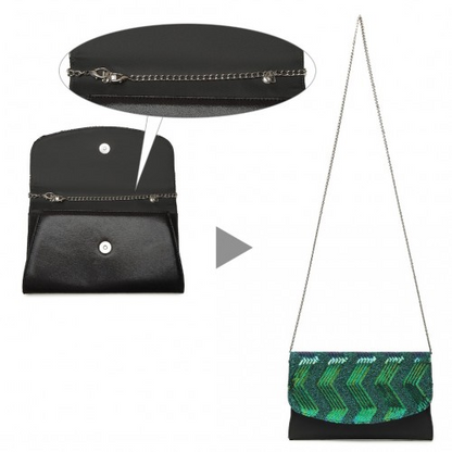 Miss Lulu Gorgeous Sequins Evening Clutch Bag - Black and Green - Chain Shoulder Bag - BEYRUN