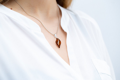 Wavy Amber Pendant - Sterling Silver Back with Cognac Amber - Medium-Sized Jewelry for Everyday Wear - BEYRUN