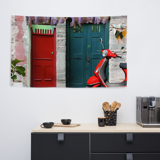 Vespa at Door Flag Tapestry Wall Hanging - Versatile & Durable Interior Decor - BEYRUN