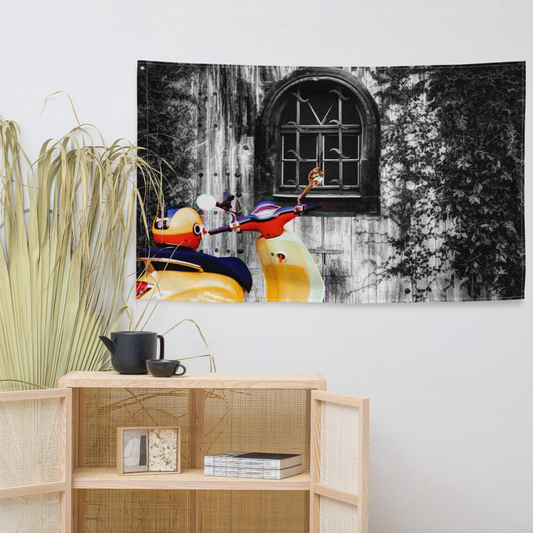 Vespa at Door Flag Tapestry Wall Hanging | Durable Polyester Craftsmanship | Versatile Home Decor - BEYRUN