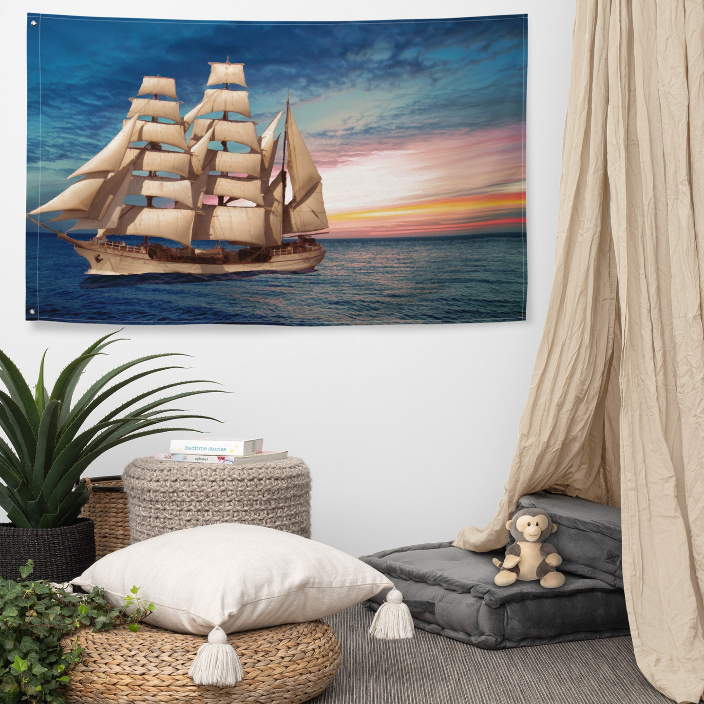 Sailing Ship Sunset Flag - Durable Polyester Wall Hanging & Tapestry Decor - BEYRUN