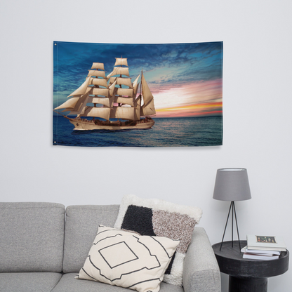 Sailing Ship Sunset Flag - Durable Polyester Wall Hanging & Tapestry Decor - BEYRUN