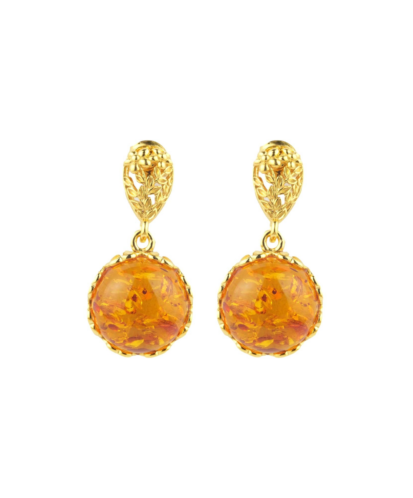 Amber Drop Earrings with Gold Floral Accent – Elegant Baltic Amber & Gold Plated Sterling Silver