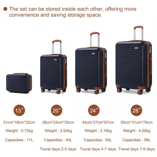 Kono Navy ABS Hard Shell Suitcase Set with TSA Lock & Vanity Case - 4 Piece Set - BEYRUN