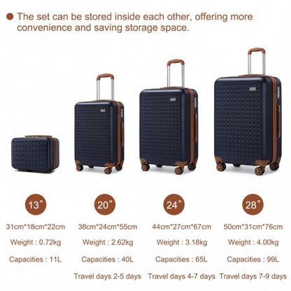 Kono Navy ABS Hard Shell Suitcase Set with TSA Lock & Vanity Case - 4 Piece Set - BEYRUN