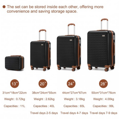 Kono 4-Piece Flexible Hard Shell ABS Suitcase Set with TSA Lock and Vanity Case - Black - BEYRUN