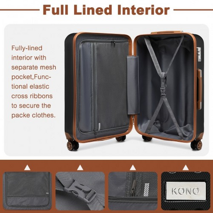 Kono 4-Piece Flexible Hard Shell ABS Suitcase Set with TSA Lock and Vanity Case - Black - BEYRUN